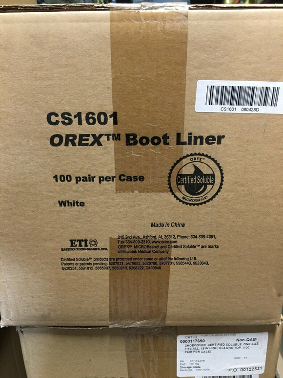 ETI OREX CS1601 BOOT LINER (Box OF 100) CERTIFIED SOLUBLE FITS ALL ELASTIC WHITE