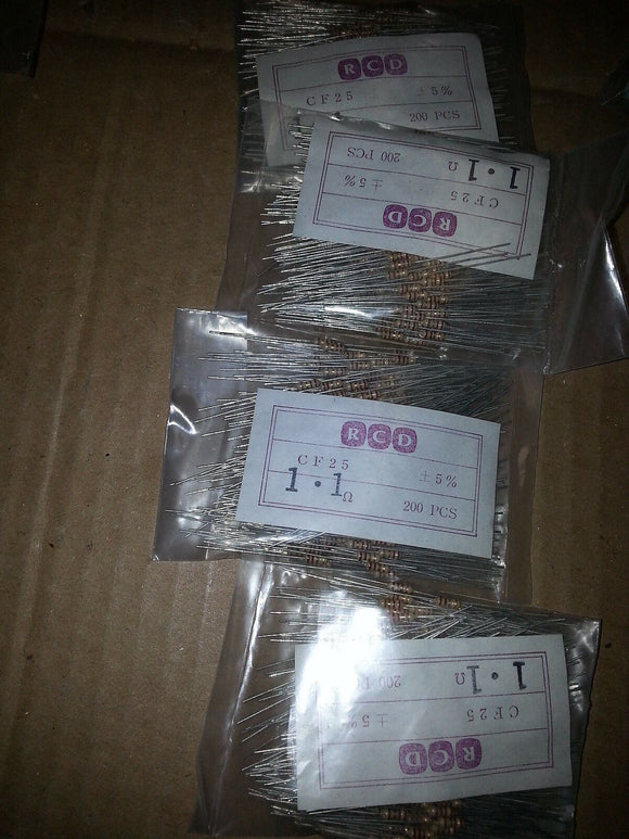NIB RCD 5% Carbon Film Resistors CF25 1.1 OHM 200/PK ... EACH PACK