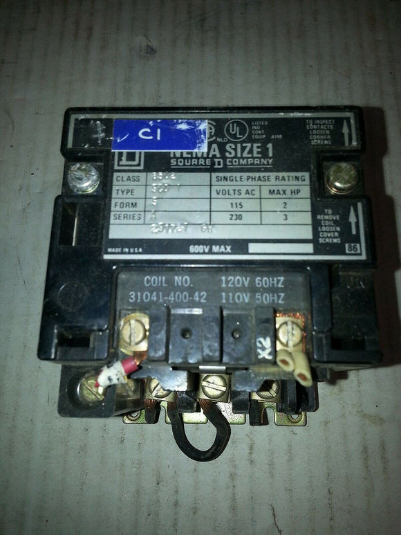 SQUARE D NEMA SIZE 1 C1 31041-400-42 120V 60HZ 110V 50HZ 8502 A