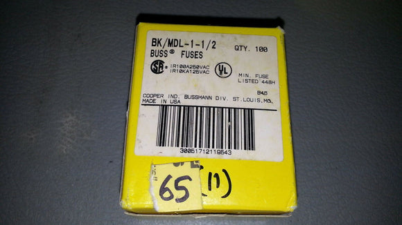 NIB Cooper Bussman BK / MDL-1-1/2 ,,,, LOT OF 5 .. BULK PACK ,,, QTY FUSES