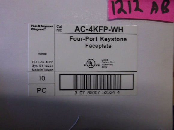 NIB PASS & SEYMOUR LEGRAND AC-4KFP-WH KEYSTONE WALL PLATE 4 PORT WHITE ..10 PACK