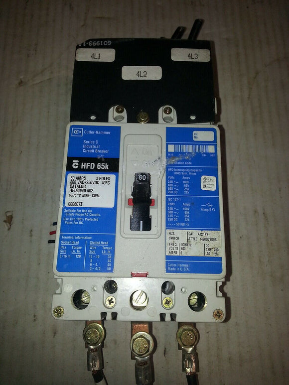CUTLER-HAMMER SERIES C HFD 65K 60AMPS 3POLES 600VAC-250VDC 40C C/N.HFD3060LA02
