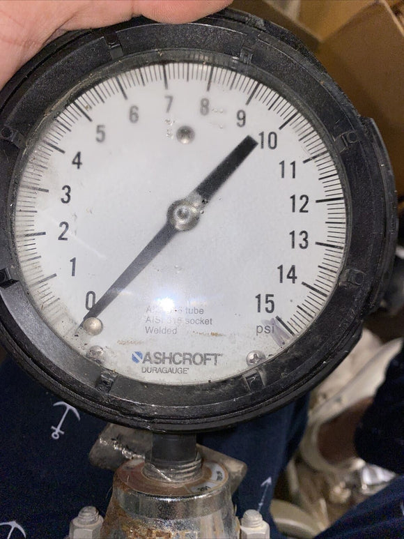 NEW ASHCROFT AISI 316 TUBE & SOCKET DURAGAUGE PLUS GAUGE 0-15PSI, 1/2